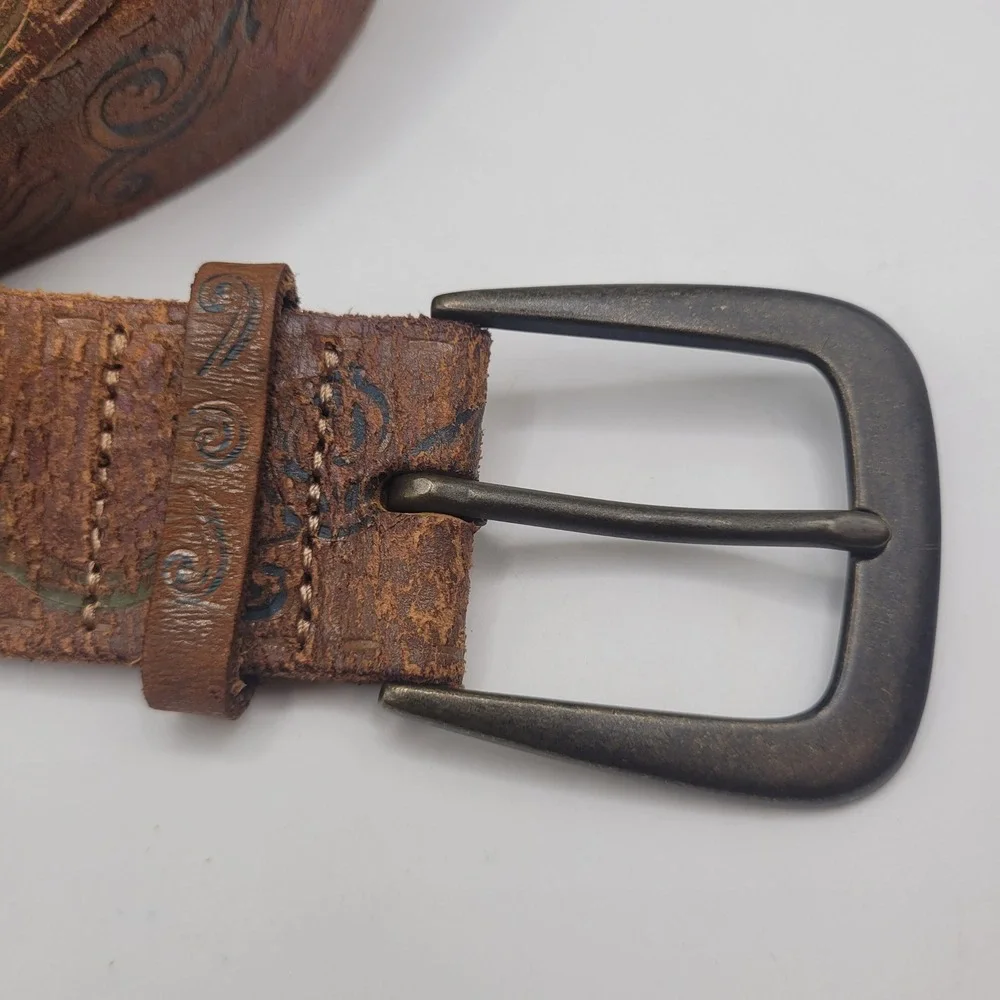 Brown Leather Belt Small Floral Tooled Distressed Western Boho Cowgirl Artisan